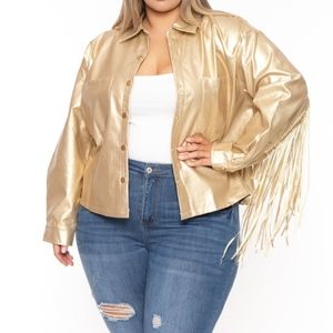 PLUS SIZE TIFFANY FRINGE METALLIC JACKET - GOLD
